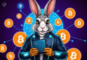 a nad bunny wearing a suit holding a tablet